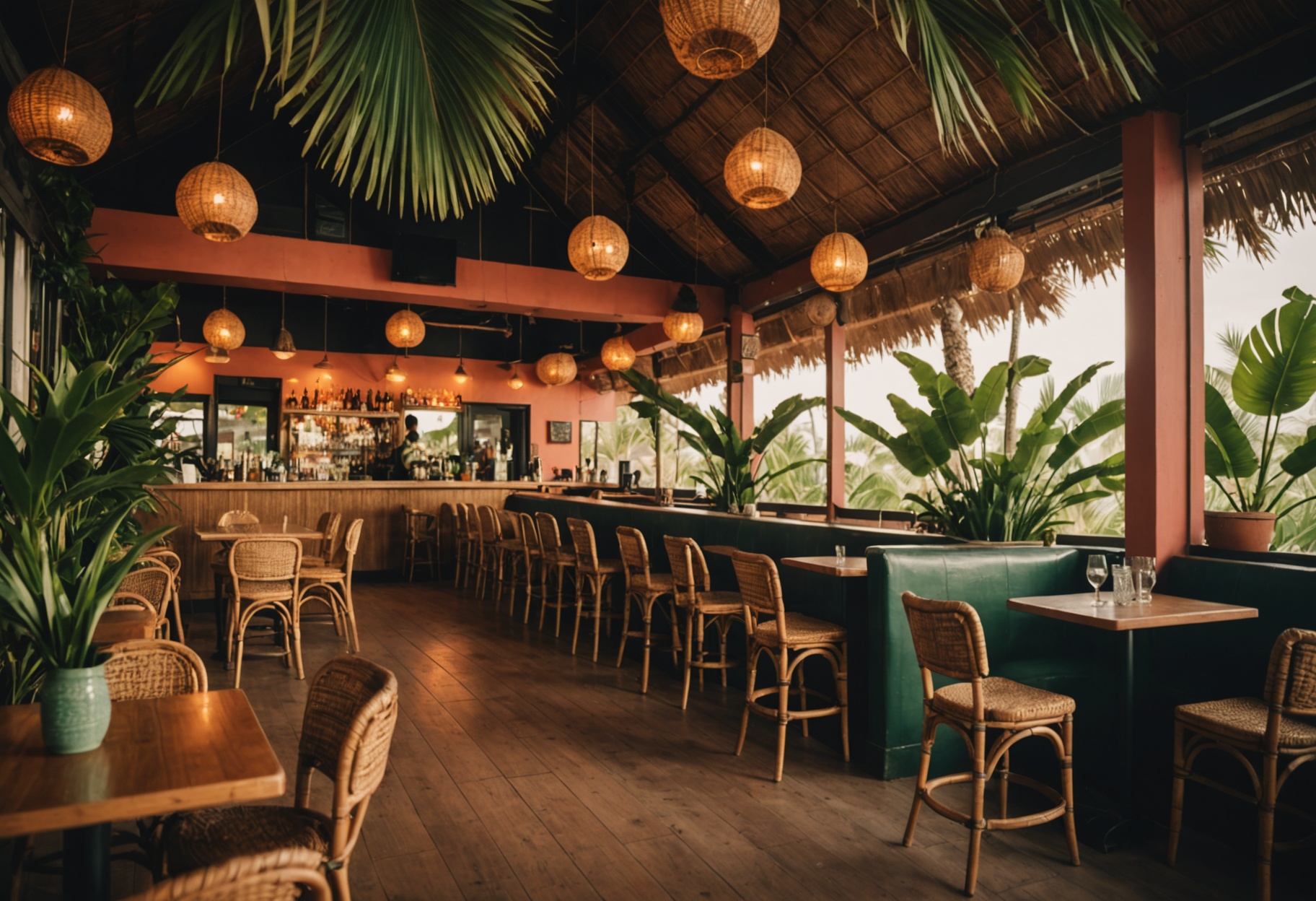 El Cafetal — decoración tropical con hojas de palma